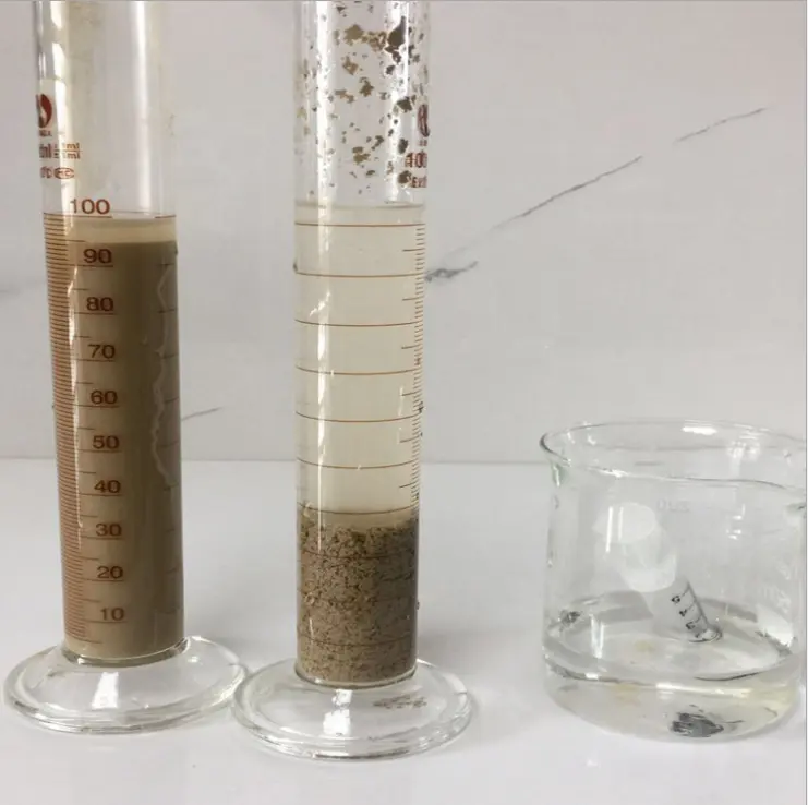 Pictures of before and after treatment of water with flocculant